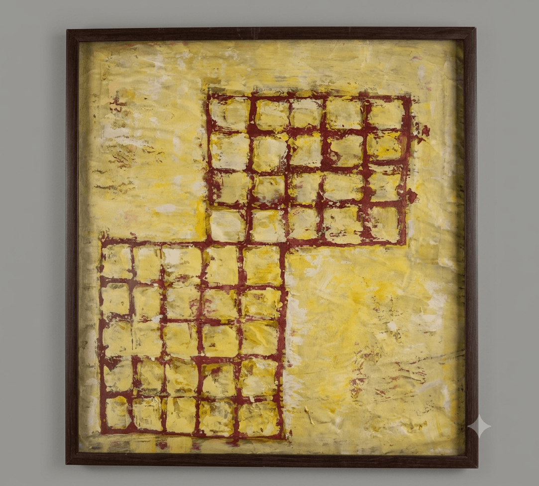Red Grid - Acrylic on paper, framed - 66 x 71 cm