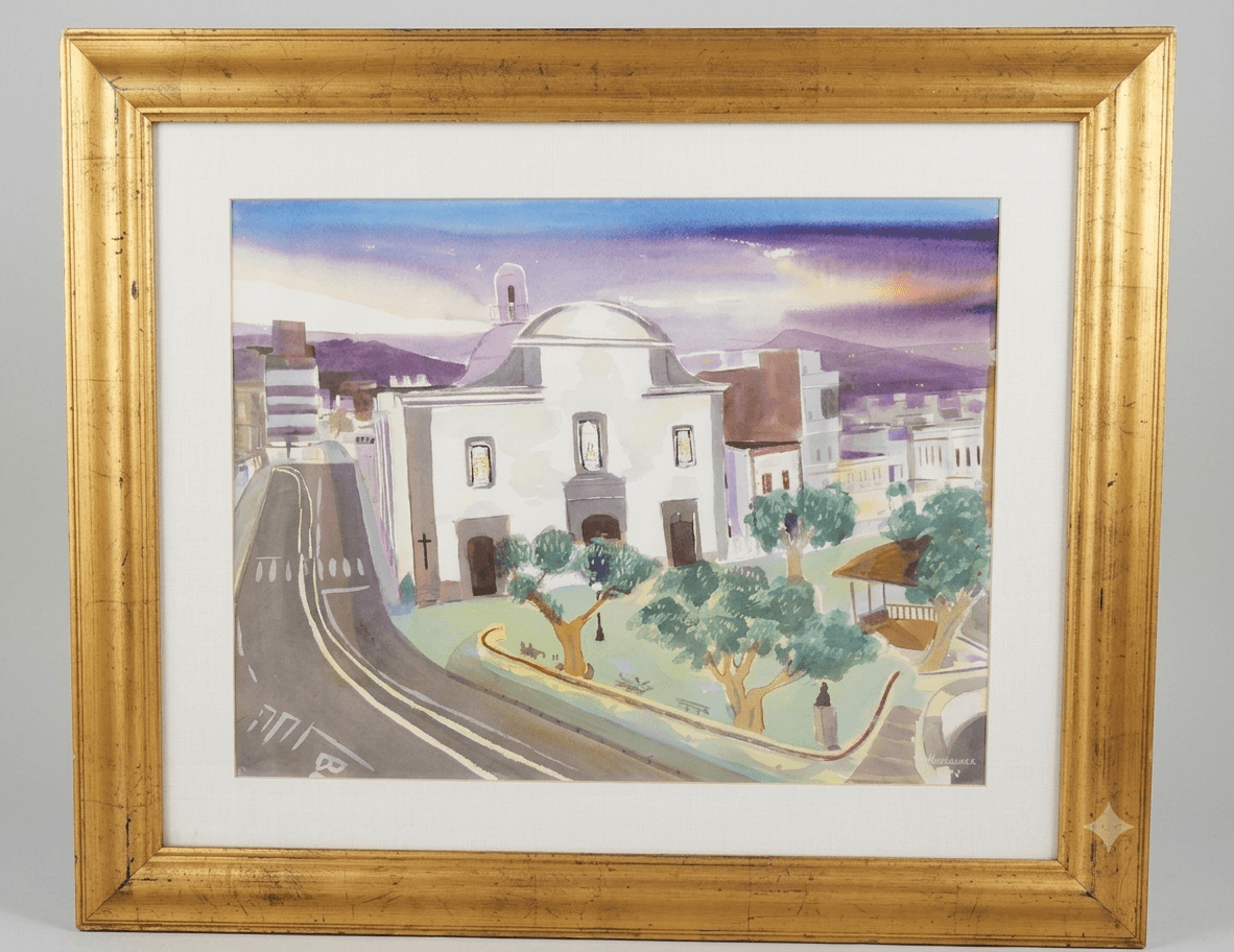 Canarian Church - Watercolor gouache on paper, framed - 74 x 62 cm