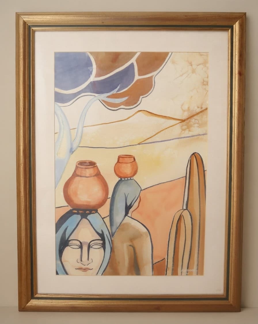 Mujer con gánigo - Acuaraela sobre papel enmarcada  - 54 x 74 cm