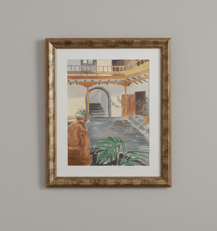 Patio Canario - Gouache sobre papel, enmarcado en dorado -  60 x 72 cm