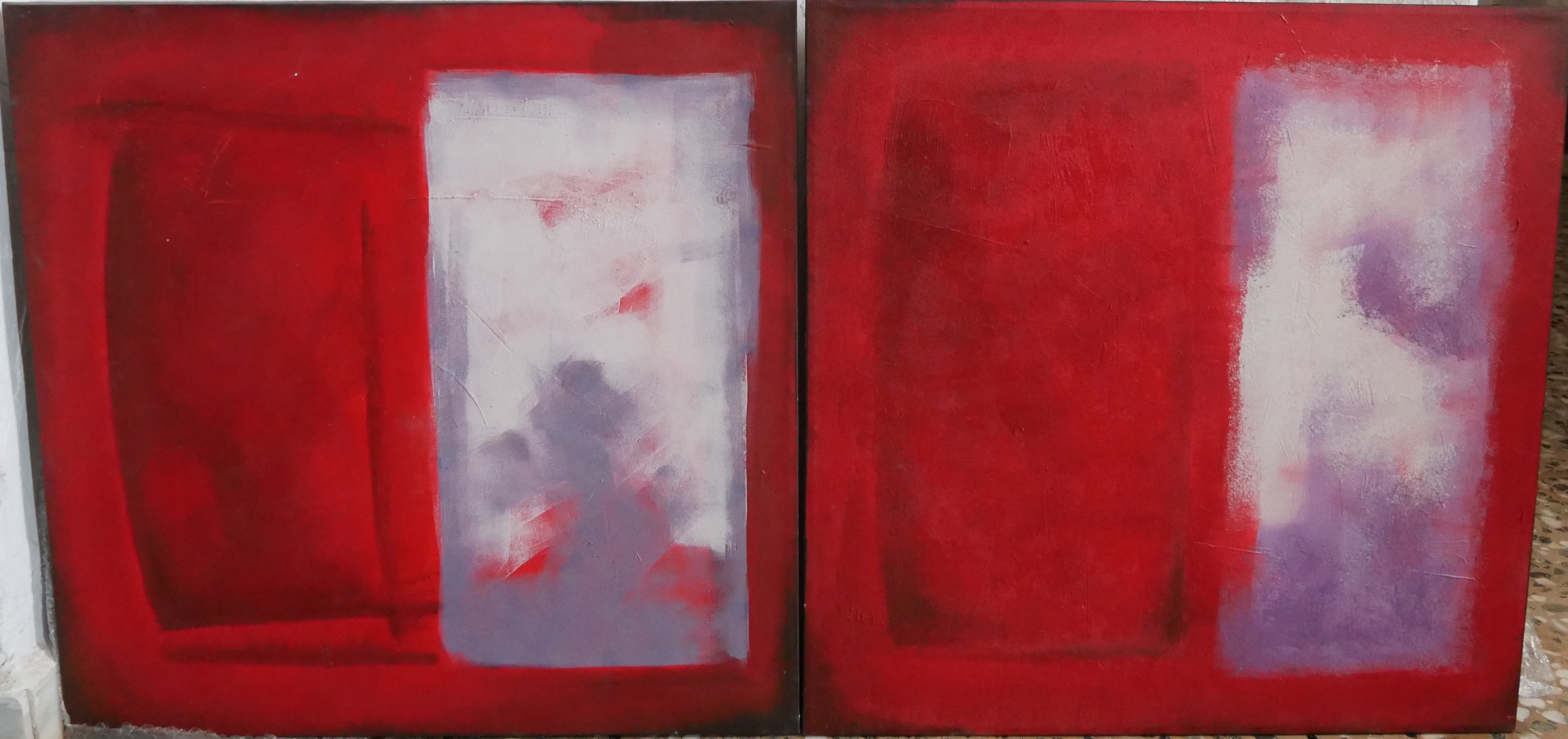 Crimson Dialogue - Abstract artwork by José Antonio Hernández, Acrylic on canvas, 60 x 60 cm (x2)